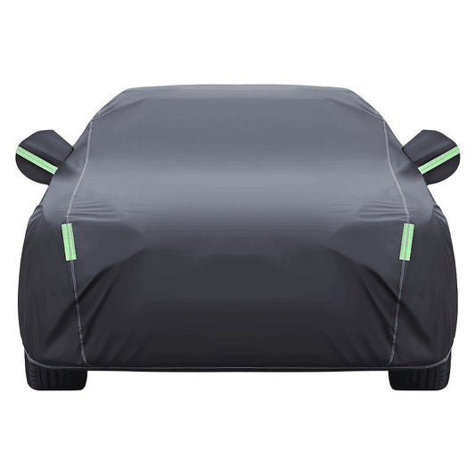 Black Full Car Cover in 190T Silver-Coated Cloth with Green Reflective Strips, Storage Bag and Six Sedan or SUV Sizes