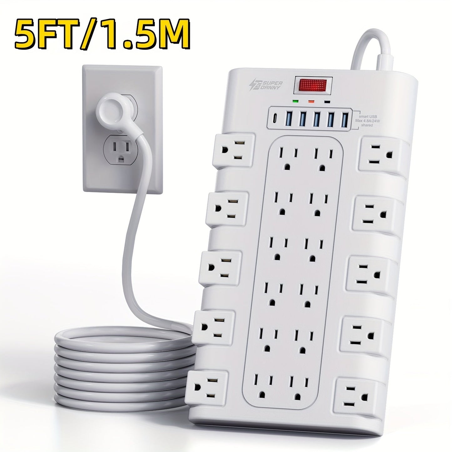 Surge Protector Extension Cord Flat Plug 2100 Joules with Control Switch Status Indicator for an Everyday Personal Care Routine