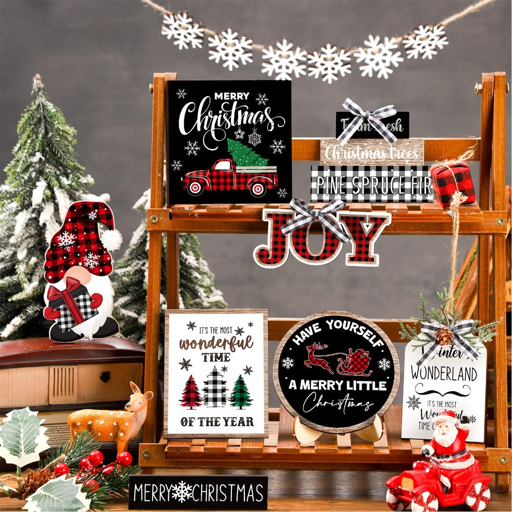 Tiered Tray Decor Set 15/20pcs Winter Christmas Farmhouse Wooden Signs - Buffalo Check for Entryways, Bedrooms and Living Spaces