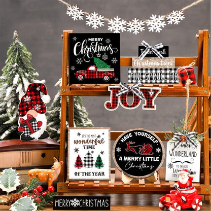 Tiered Tray Decor Set 15/20pcs Winter Christmas Farmhouse Wooden Signs - Buffalo Check for Entryways, Bedrooms and Living Spaces