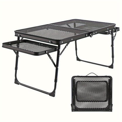 Portable Folding Camping Table with 2 Wingboards & Mesh Top – Height Adjustable Outdoor Grill Side Table for Picnic Barbecue Beach