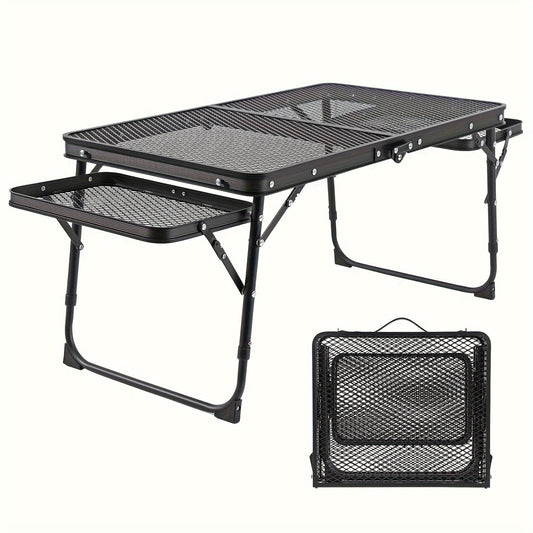 Portable Folding Camping Table with 2 Wingboards & Mesh Top – Height Adjustable Outdoor Grill Side Table for Picnic Barbecue Beach