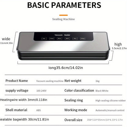 65KPa Countertop Vacuum Sealer with Wet and Dry Modes, External Hose, 40 Bags and 30cm Sealing Width