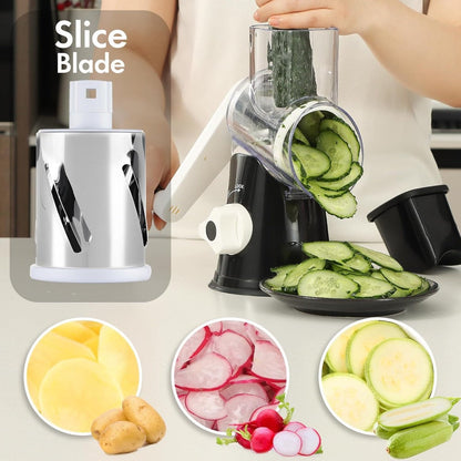 Rotary Cheese Grater, Stainless Steel Hand Crank Shredder with 3 Interchangeable Blades, Suction Base & Cleaning Brush