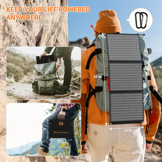 Foldable Solar Charger Panel 30W/60W/100W/200W – 18V MC4, Dual USB-A Quick Charge & USB-C PD 18W, Portable Solar Panel for Camping, RV