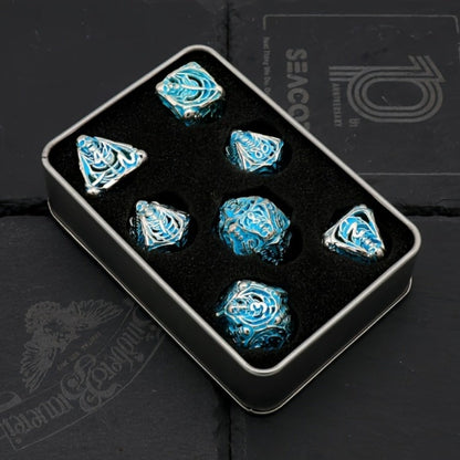 Metal Skull Dice Set 7pcs Glow in the Dark, Hollow UV Fluorescent Polyhedral DnD RPG Dice for Dungeon Masters