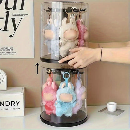 LABUBU Display Case 360 Rotating Acrylic Box with Dust Cover – Plush Toy Figure Storage Case Multi-Layer Hanging Rack for Collectible