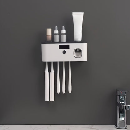 Wall-Mounted Toothbrush Organizer with Four Hanging Slots, Top Tray, Dispensing Port and Two Color Styles
