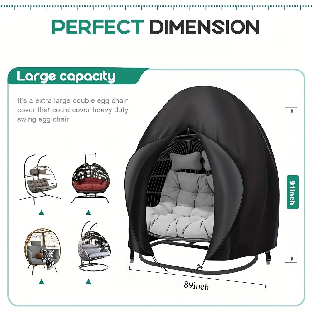 Black Double-Egg Chair Cover with Front Zipper, Drawstring Buckle and Full Enclosure Shape