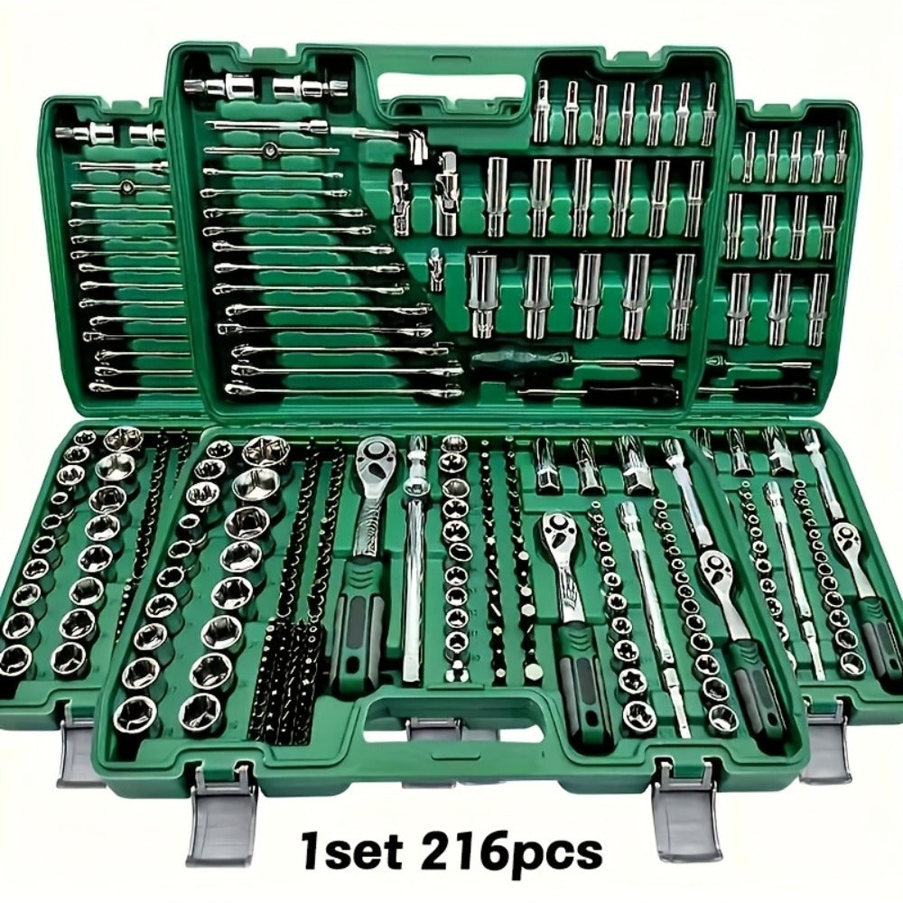 216-Piece Professional Socket Set 1/4" 3/8" 1/2" Drive – S2 & CR-V Steel Ratchet Wrench Kit with Deep & Standard Sockets for Auto Repair