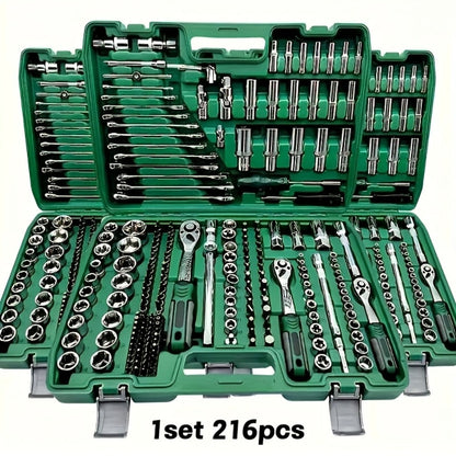 216-Piece Professional Socket Set 1/4" 3/8" 1/2" Drive – S2 & CR-V Steel Ratchet Wrench Kit with Deep & Standard Sockets for Auto Repair
