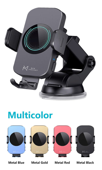 15W Auto-Clamping Wireless Car Phone Mount with Dashboard Suction Base and Blue or Gold Finish