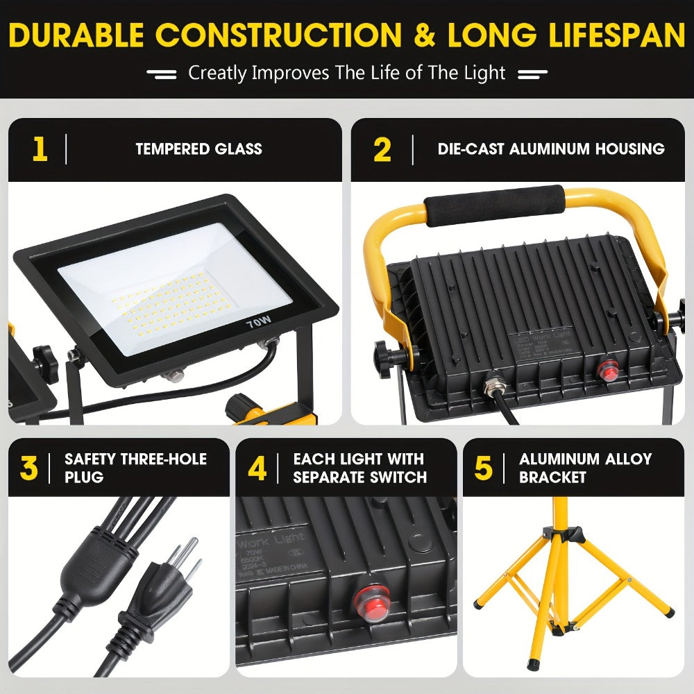 Three-Head Yellow LED Tripod Work Light with Detachable Lamps, Adjustable Stand and 16.5-Foot Cord