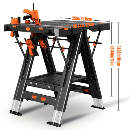 Black Folding 31 x 25-Inch Workbench and Sawhorse with Clamps, Connecting Blocks and Carry Handle