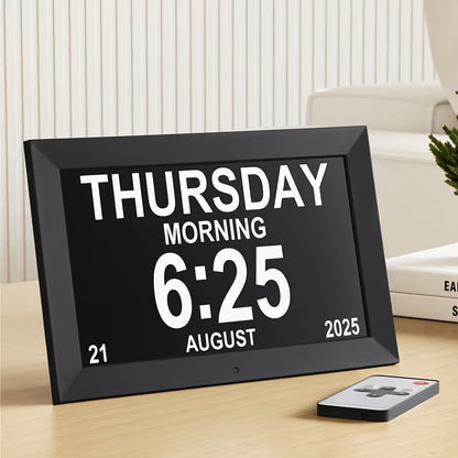 Digital Photo Frame Clock Large Display Calendar Alarm Clock for Seniors USB Powered Supports for Entryways, Bedrooms and Living Spaces