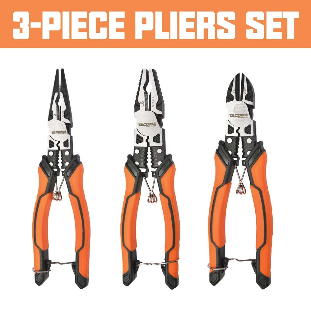 Pliers Set 9-in-1 Multi-Function Industrial Grade, 8.5" Lineman Pliers, 8.5" Long Nose Pliers, 8" Diagonal Side Cutters