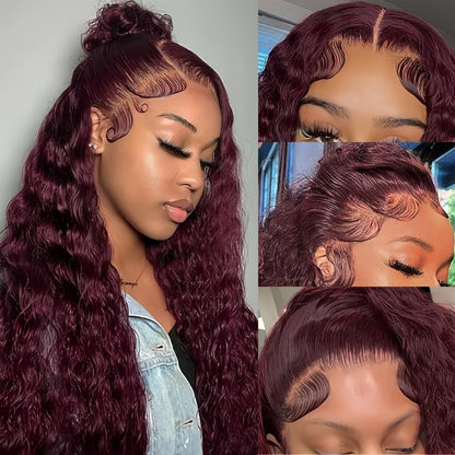 Lace Front Wig 99J Burgundy Deep Wave, 32-Inch Style with 200% Density, 13x4 Front and Four-Comb Cap