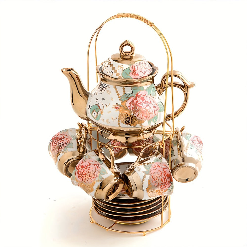 Floral Ceramic Tea Set 20 Pcs – European Porcelain Tea Cups & Saucers with Metal Holder & 15 Oz Teapot – Luxury Arabic Coffee Cup Set