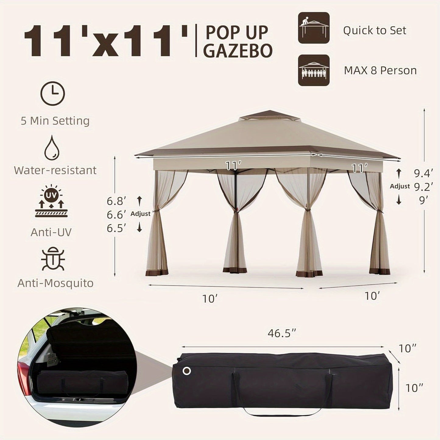 11x11ft Pop-Up Gazebo Tent with Full Mesh Curtains, Three Height Positions and Three Color Options