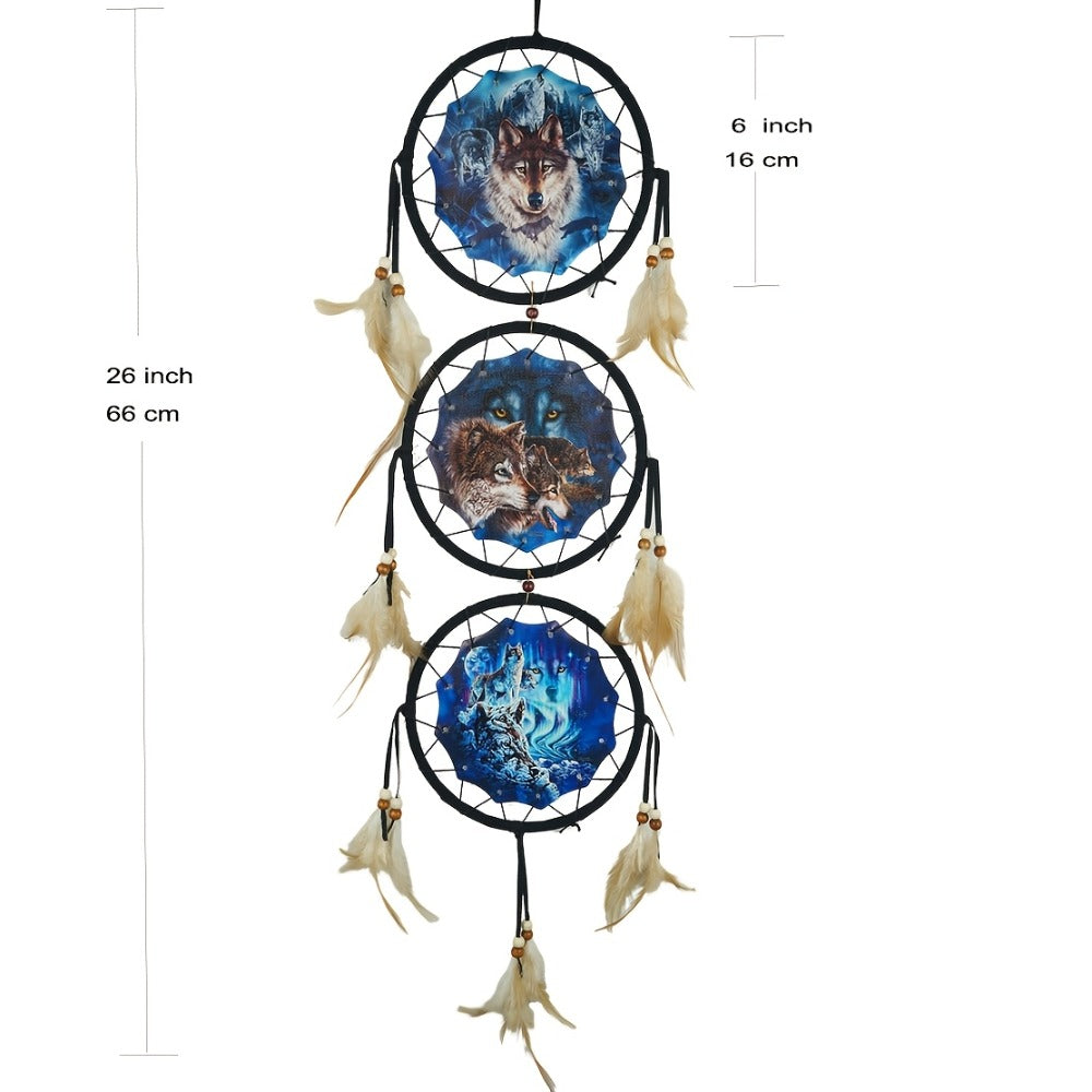 Wolf Dream Catcher Wall Decor with Three Printed Circles, Beads and Feather Accents in Two 6-Inch Styles