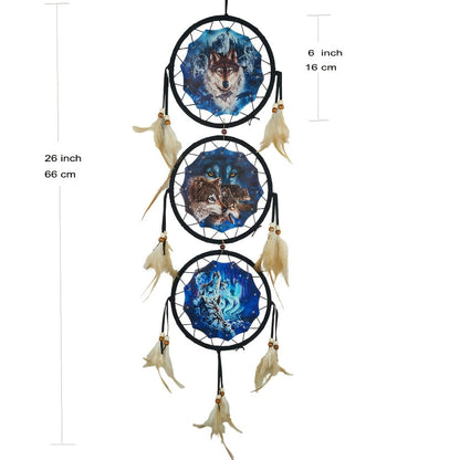 Wolf Dream Catcher Wall Decor with Three Printed Circles, Beads and Feather Accents in Two 6-Inch Styles