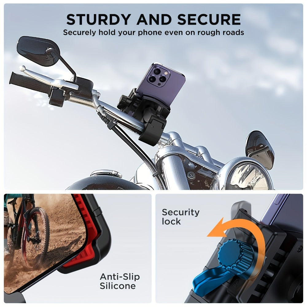 Motorcycle Phone Mount Handlebar Quick Lock – Universal Bike Phone Holder for 4"-7" Phones, No-Block Camera Design