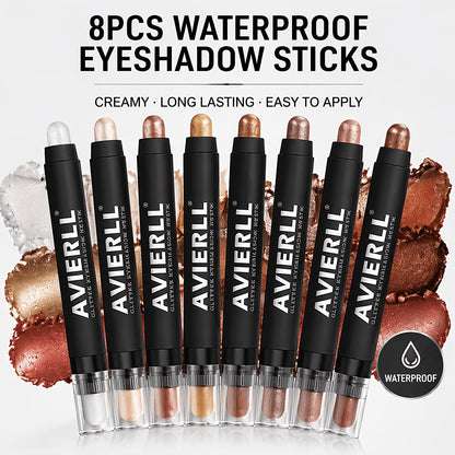 Waterproof Eyeshadow Stick Set 8 Piece, Shimmer, Pearlescent & Matte Eye Shadow Pencils, Creamy Blendable Formula