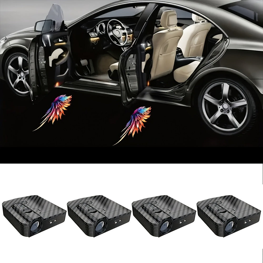 Four-Piece Angel-Wing Car Door LED Projector Light Set with Battery Power and Light-Sensing Activation