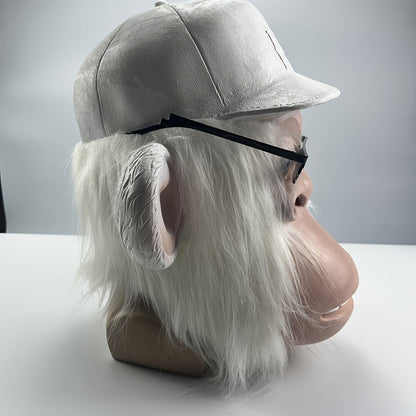 White-Haired Cartoon Ape Full-Head Costume Mask with White Cap and Pixel-Style Glasses in Two Face Styles