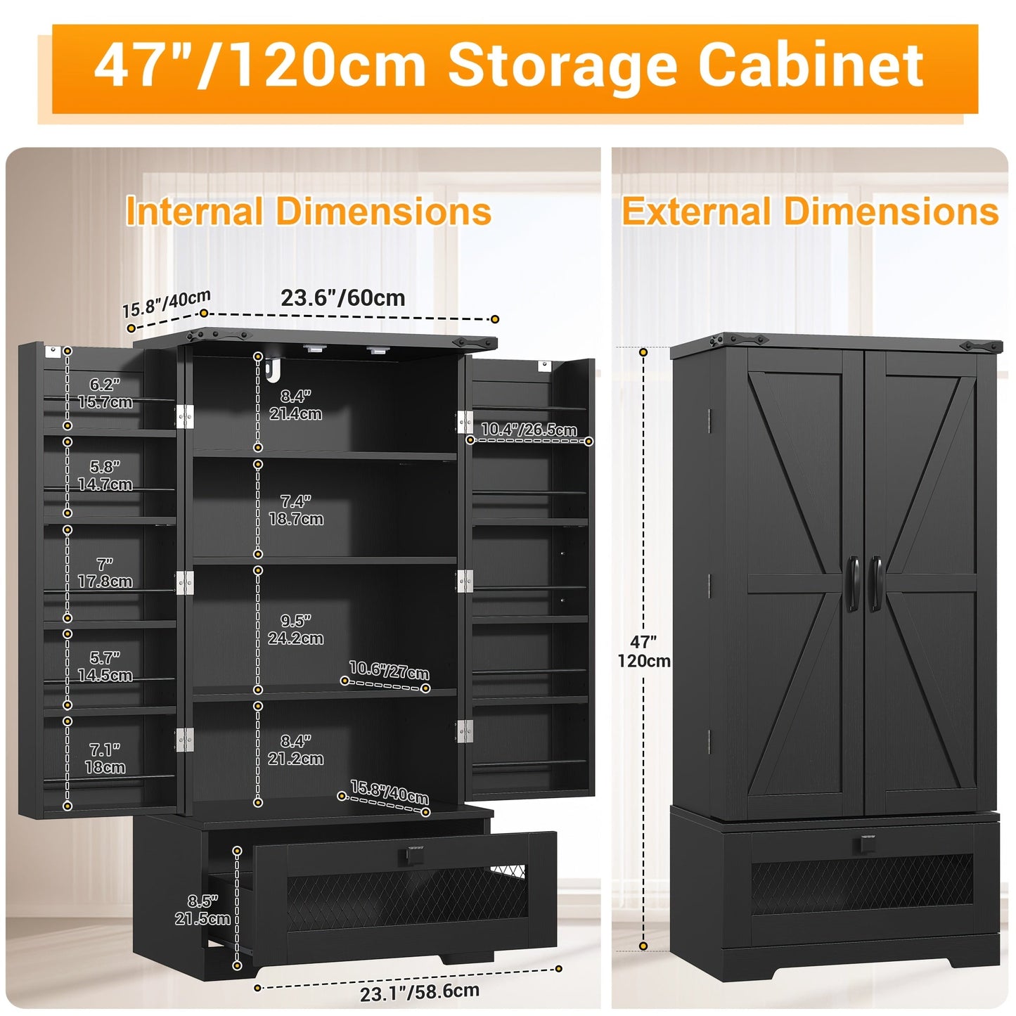 Kitchen Pantry Cabinet shown in the Black 47" option