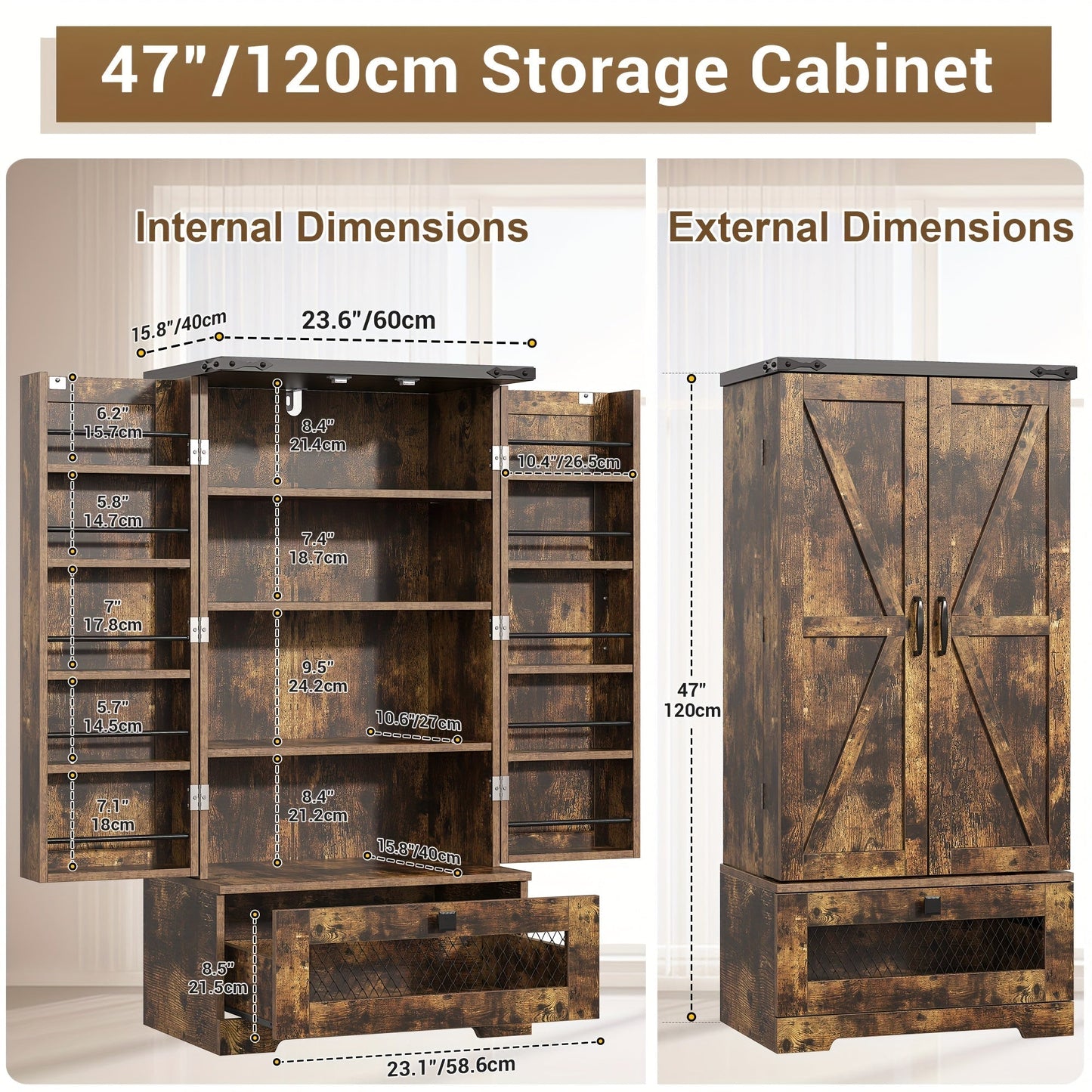 Kitchen Pantry Cabinet shown in the Brown 47" option