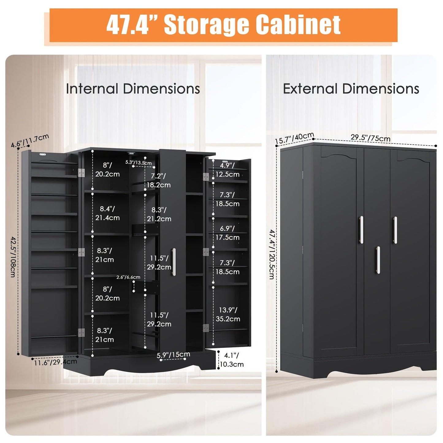 Kitchen Pantry Cabinet shown in the Black Middle pull-out cabinet option