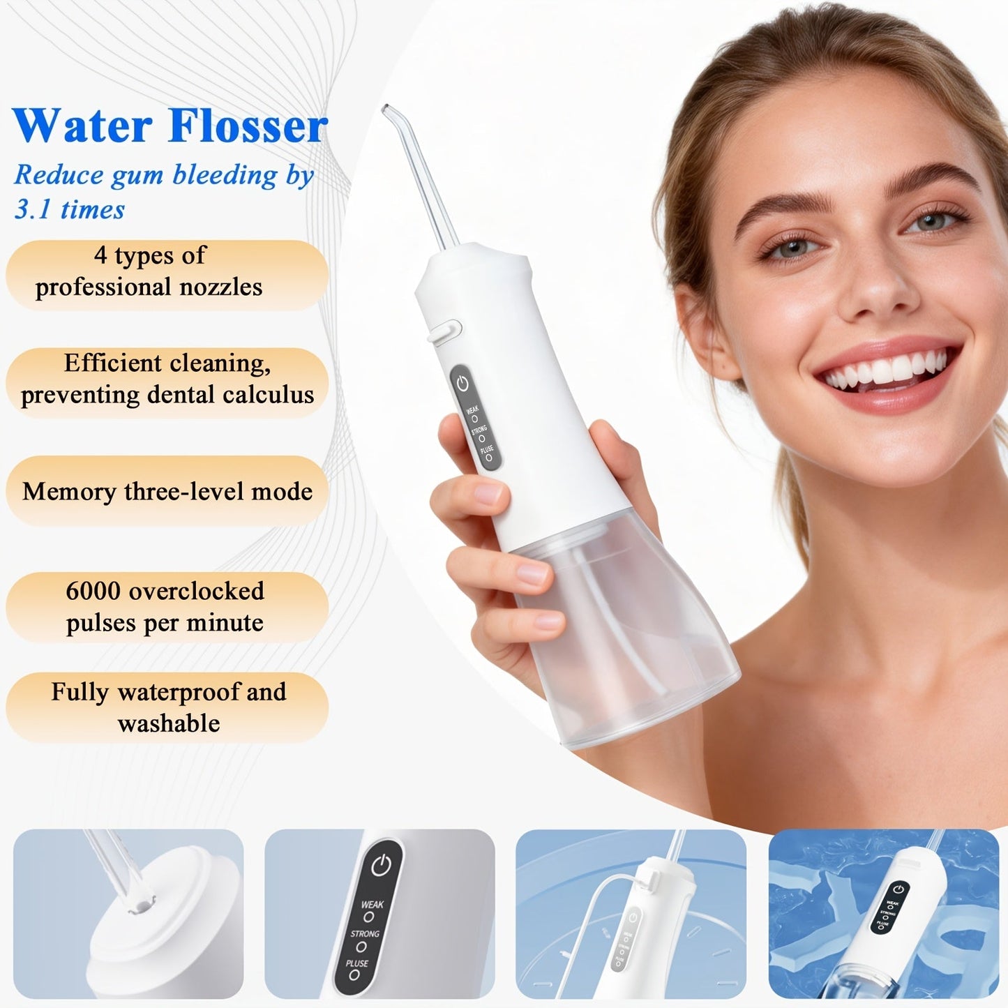 Water Flosser Srivdk Cordless Oral Irrigator with 300ml Tank, Three Pressure Modes, Six Nozzles and USB-C Charging