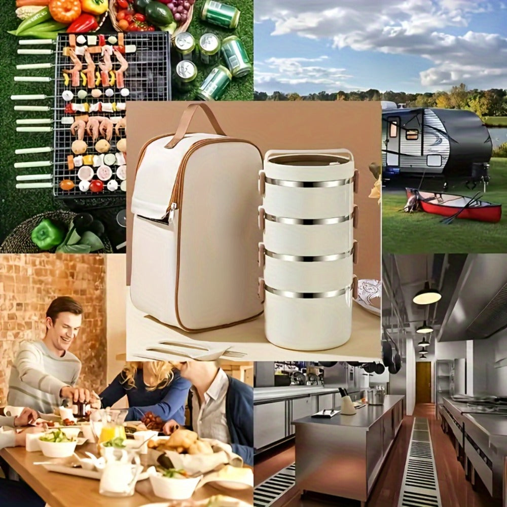 Four-Layer Lunch Box Set, Stackable Stainless Steel Meal Containers with Carry Bag and Cutlery