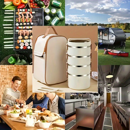 Four-Layer Lunch Box Set, Stackable Stainless Steel Meal Containers with Carry Bag and Cutlery