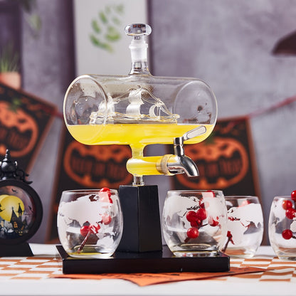 Whiskey Decanter Set with Glasses and Wooden Stand Ball Globe 28oz or Sailboat 44oz Etched for Home Cooking, Dining and Outdoor Meals