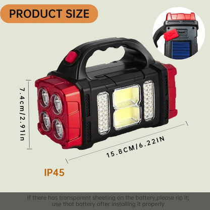 Solar Camping Lantern and Flashlight with COB Side Panels, Front Spotlights, Carry Handle and USB Port