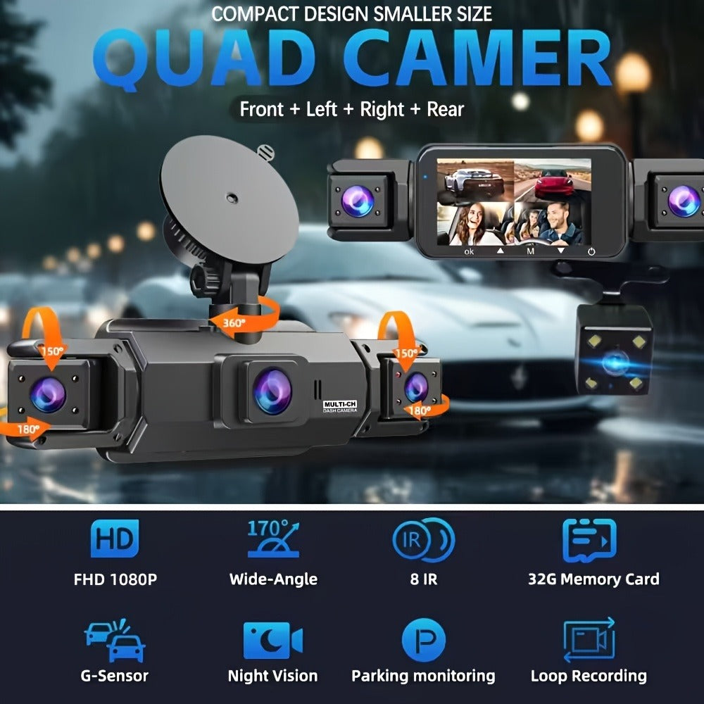 1080P-Labeled Dash Camera with Three- or Four-Lens Options, Screen, G-Sensor and WiFi/32GB Bundle
