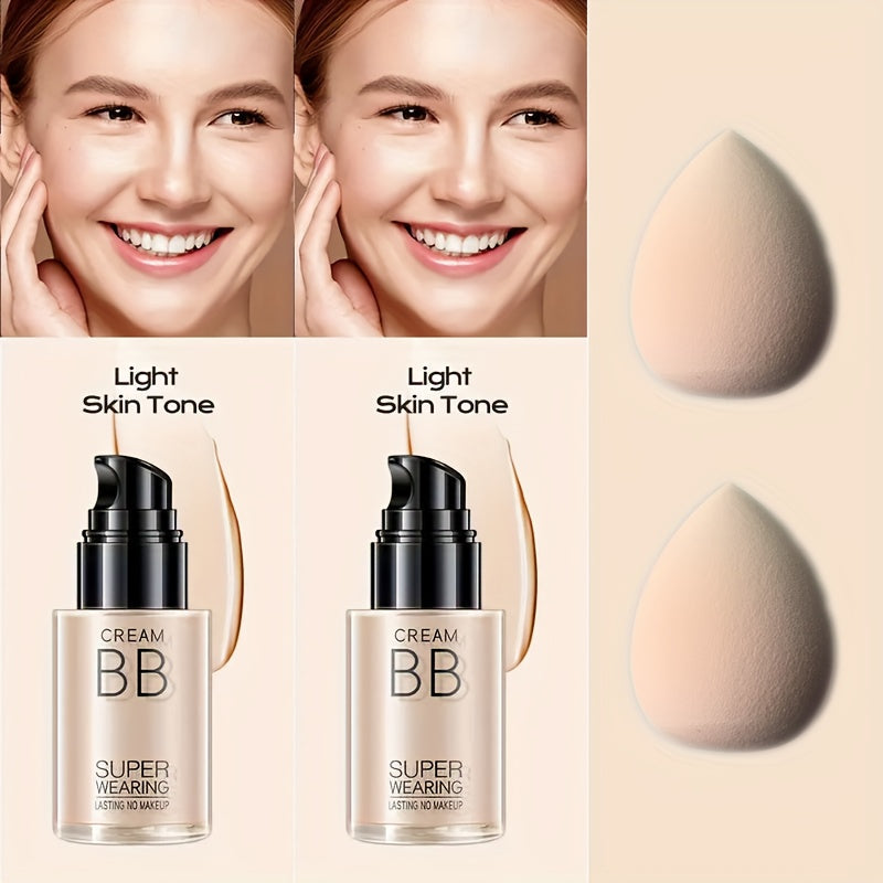 BB Cream Liquid Foundation Set 2-Piece with Makeup Sponge, for Makeup, Travel and Everyday Vanity Use