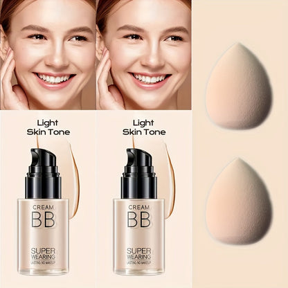 BB Cream Liquid Foundation Set 2-Piece with Makeup Sponge, for Makeup, Travel and Everyday Vanity Use