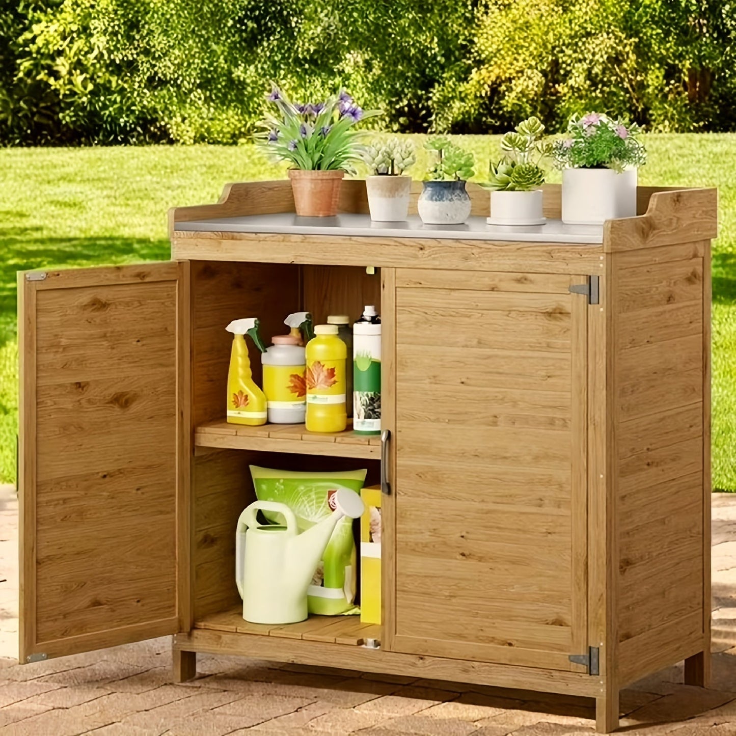 Potting Bench with Storage Cabinet, Outdoor Waterproof Wood Garden Shed Table with Removable Shelves & Doors