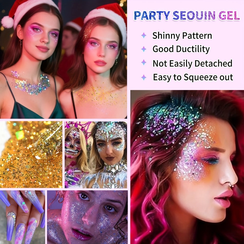 Face Body Glitter Gel Set 30 Pieces – Colorful Shapes Mermaid Sequin Stars Hearts, Transparent Gel Base, Skin-Safe Shimmer Makeup