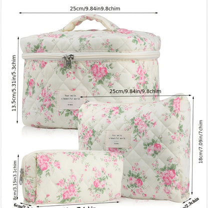Quilted Makeup Bag Set 3 Pcs Floral Pattern Large Capacity Travel Cosmetic Organizer with Gold Zipper – Polyester Skincare Toiletry Pouch