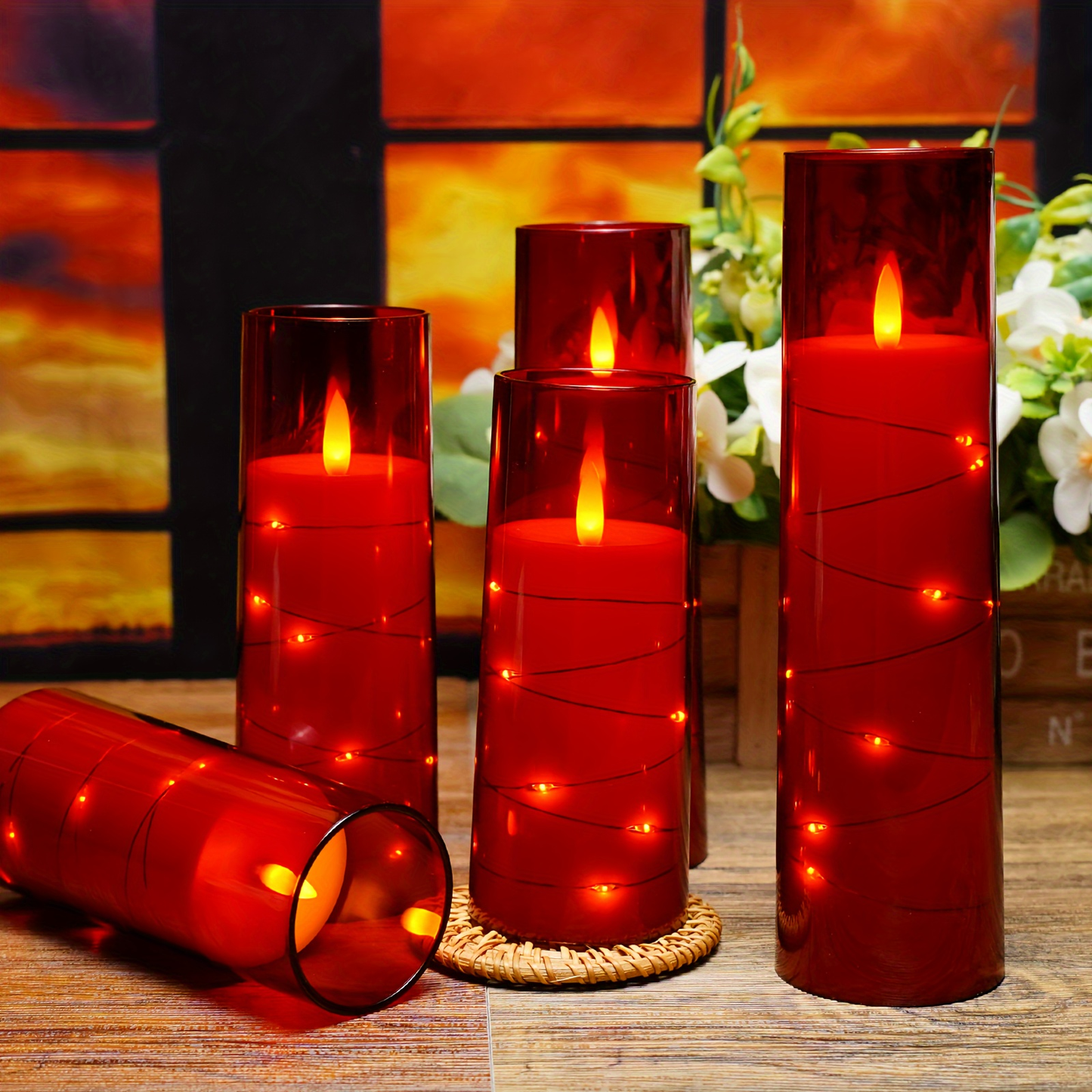 Flameless LED Candles with Remote Control Timer and Star String Lights Set of 5 or 7 Pillar Candles for Wedding Garden Home Decor