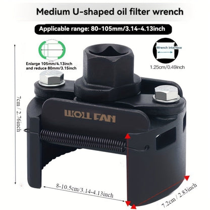 Adjustable Oil Filter Wrench – U-Shape Double Jaw Reversible Design, Hex Socket & Knob Control, Heavy-Duty Metal