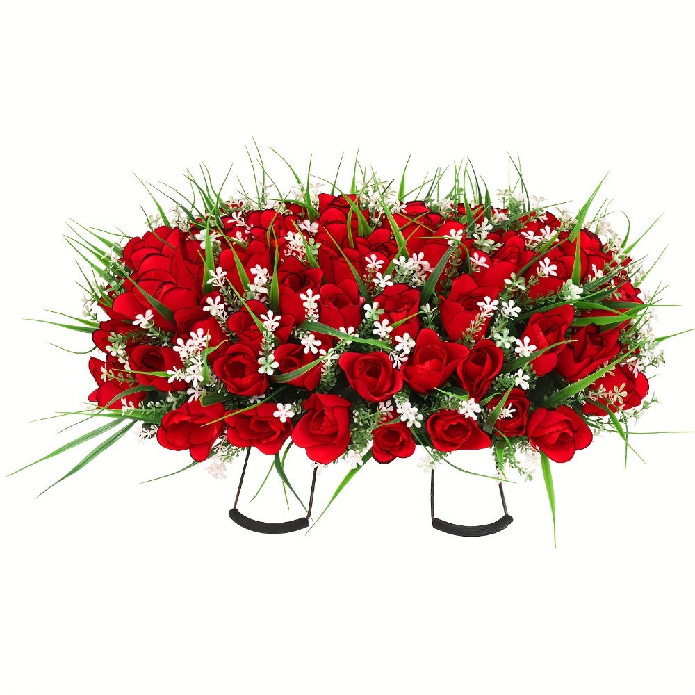 Artificial Flowers Silky Red Rose Memorial Set with Top Saddle, Side Vases or Three-Piece Option
