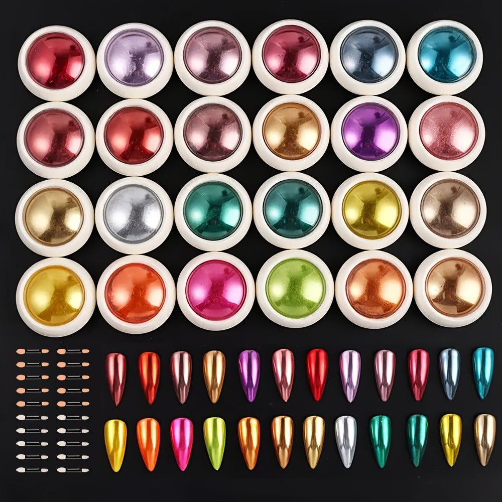 Chrome Nail Powder 24 Colors Set Holographic Mirror Effect Metallic Reflective Glitter Pigment for Gel
