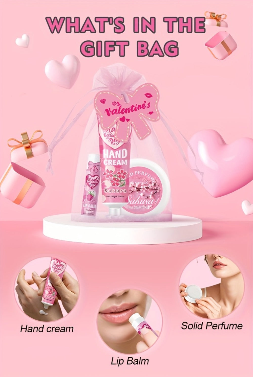 20pcs Beauty Gift Set Lip Balm Hand Cream Solid Perfume Pink Gift Bag Glossy Finish All Skin for Makeup, Travel and Everyday Vanity Use