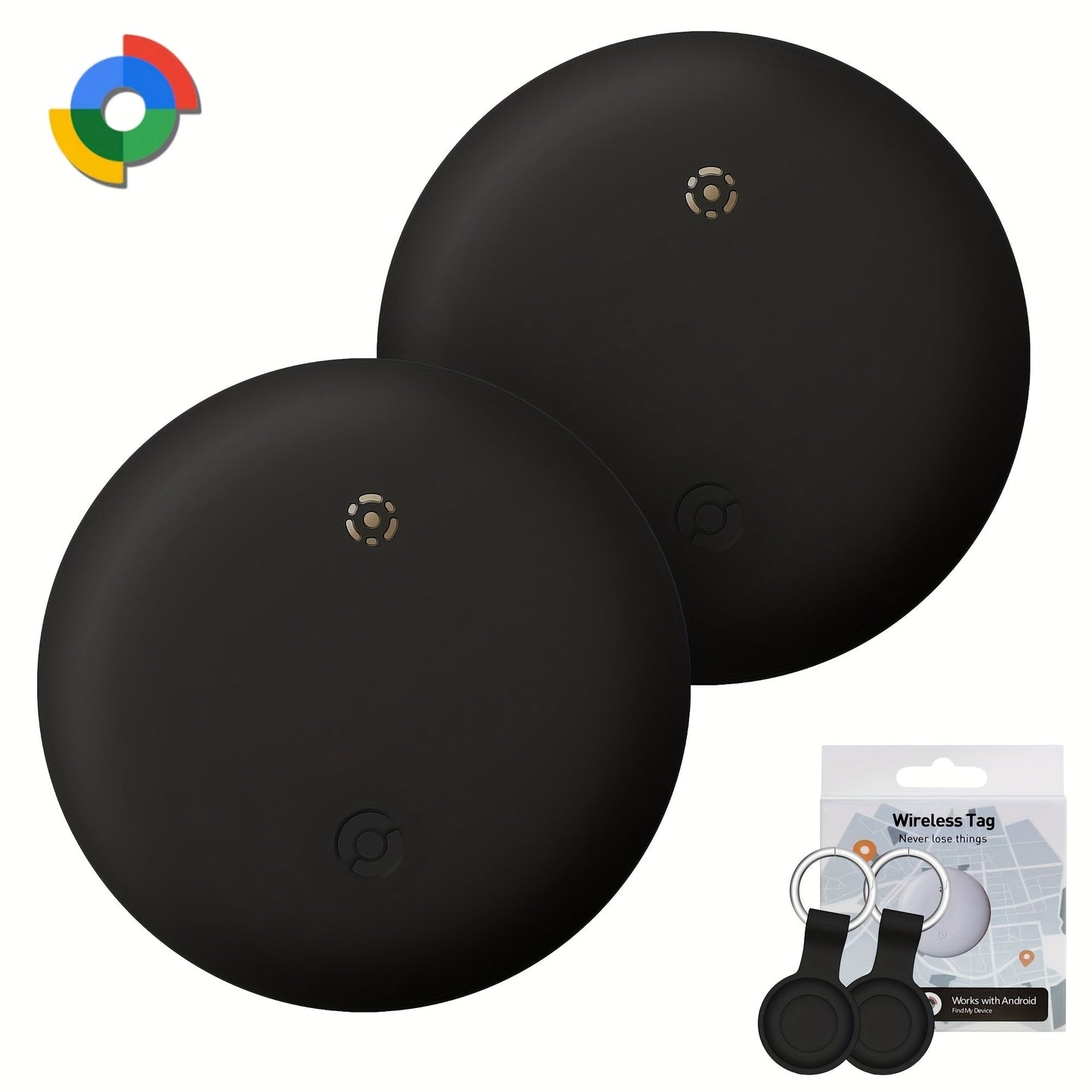 Two-Pack Round Android Find My Device Trackers with Black Key Ring Holders and Replaceable Batteries