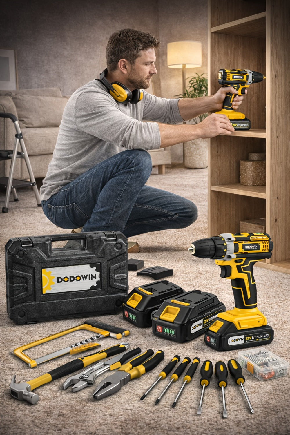 Cordless Impact Drill Set 12V / 21V Electric Drill Kit, 45Nm Torque, 2-Speed, Keyless Chuck, LED Light